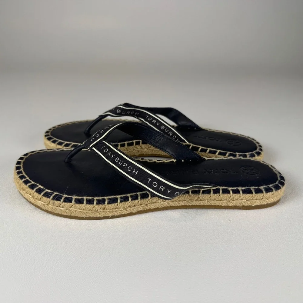 Tory Burch Ribbon Thong Espadrille Flip Flop Sandals Womens Perfect Navy Size 6 - Picture 2 of 8